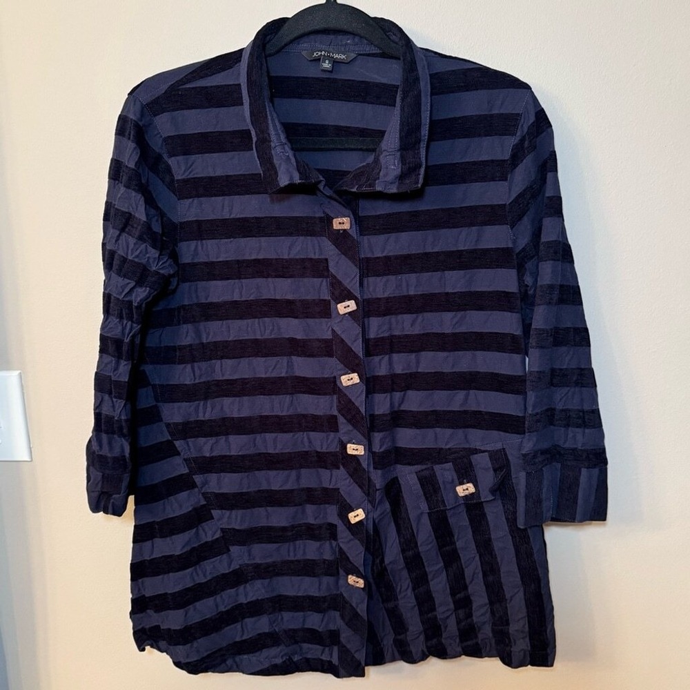 John Mark Striped Button Down 3/4 Sleeve Blouse Navy Size Small